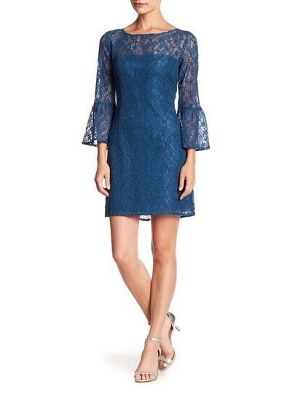EUC BB Dakota Blue Lace Shift Dress Size 8 Bell Sleeve Cocktail Dress
